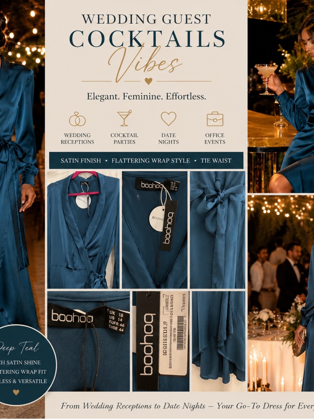 NWT Boohoo Teal Satin Wrap Midi Dress Wedding Guest Office Siren Cocktail Luxury